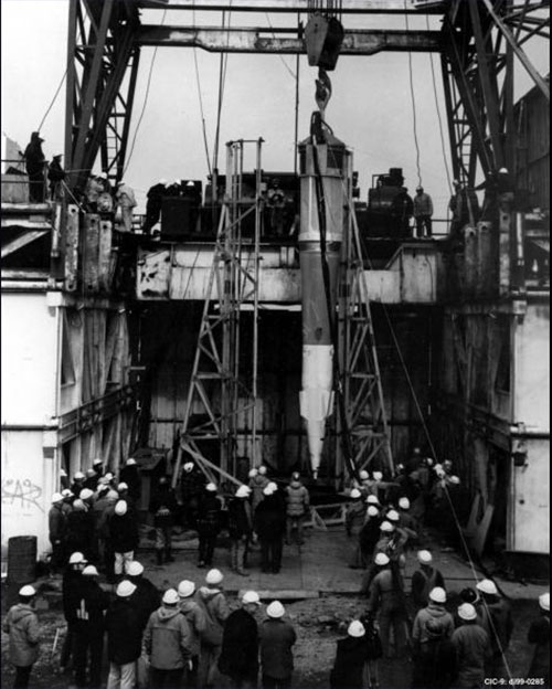 jpg In October, 1971, workers for Atomic Energy Commission lowered the Spartan Missile nuclear warhead into a mile-deep hole on Amchitka Island.