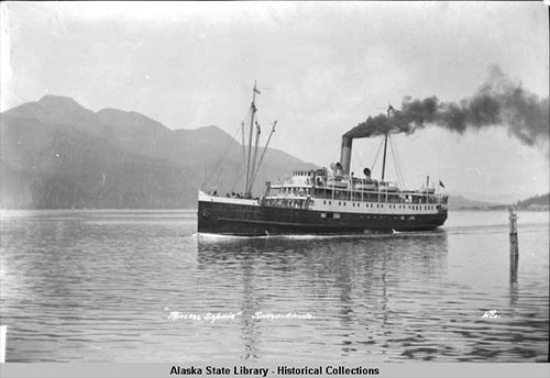 jpg Princess Sophia in Juneau - View of port side, smoke streaming from stack.